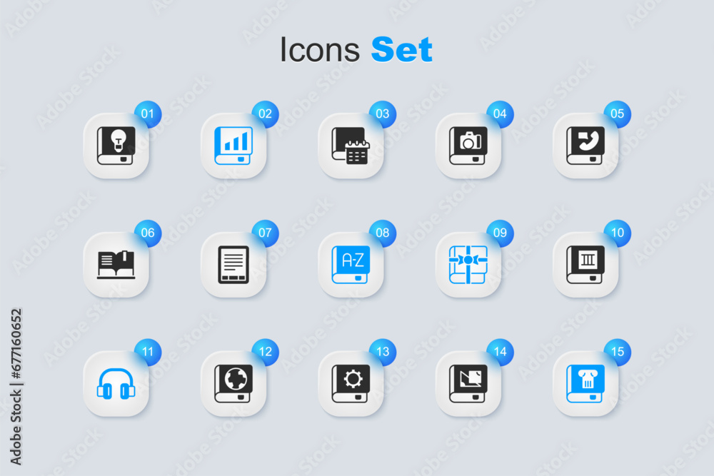Set Book about geometry, E-Book reader, Financial book, Headphones, History, User manual and Translator icon. Vector Set Book about geometry, E-Book reader, Financial book, Headphones, History, User manual and Translator icon. Vector