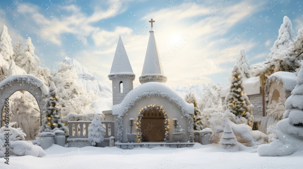 Fototapeta premium A tranquil winter scene featuring a picturesque church nestled amidst a snowy landscape, under a clear blue sky.