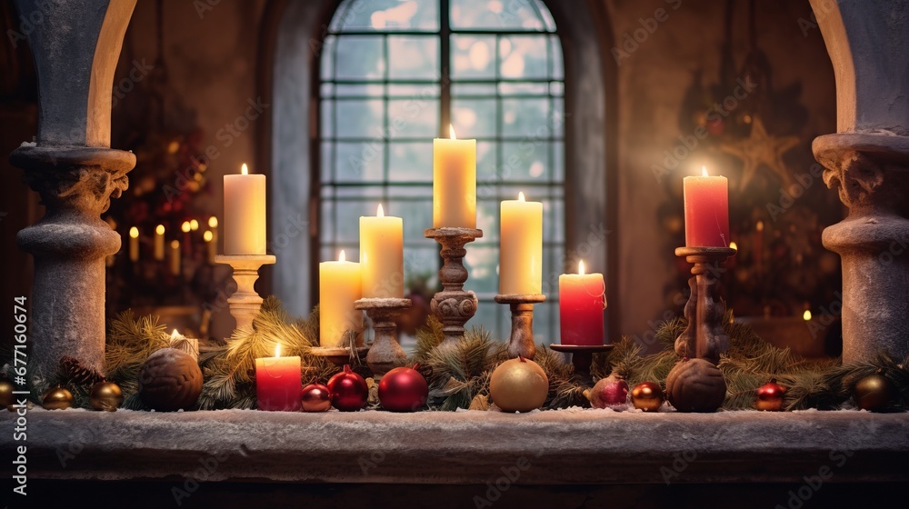 A heartwarming display of Christmas candles and decorations in a church window, with a stained glass backdrop adding to the festive spirit.
