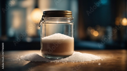 Close up high resolution image of a jar of fresh and natural salt. Generative AI.