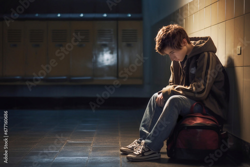 Bullying at school between teenagers. Lonely sad boy  sitting on the school floor. Torturing, social exclusion concept. Puberty difficult age. photo