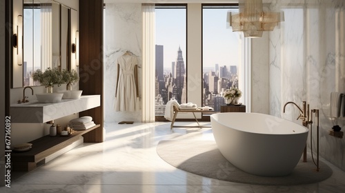 A luxurious bathroom with marble countertops  a freestanding tub  and contemporary fixtures.