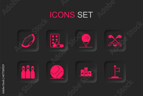 Set Baseball ball, Sports doping with dumbbell, Medieval bow, Award over sports winner podium, Ice hockey sticks and puck, Flag, Golf on tee and Bowling icon. Vector