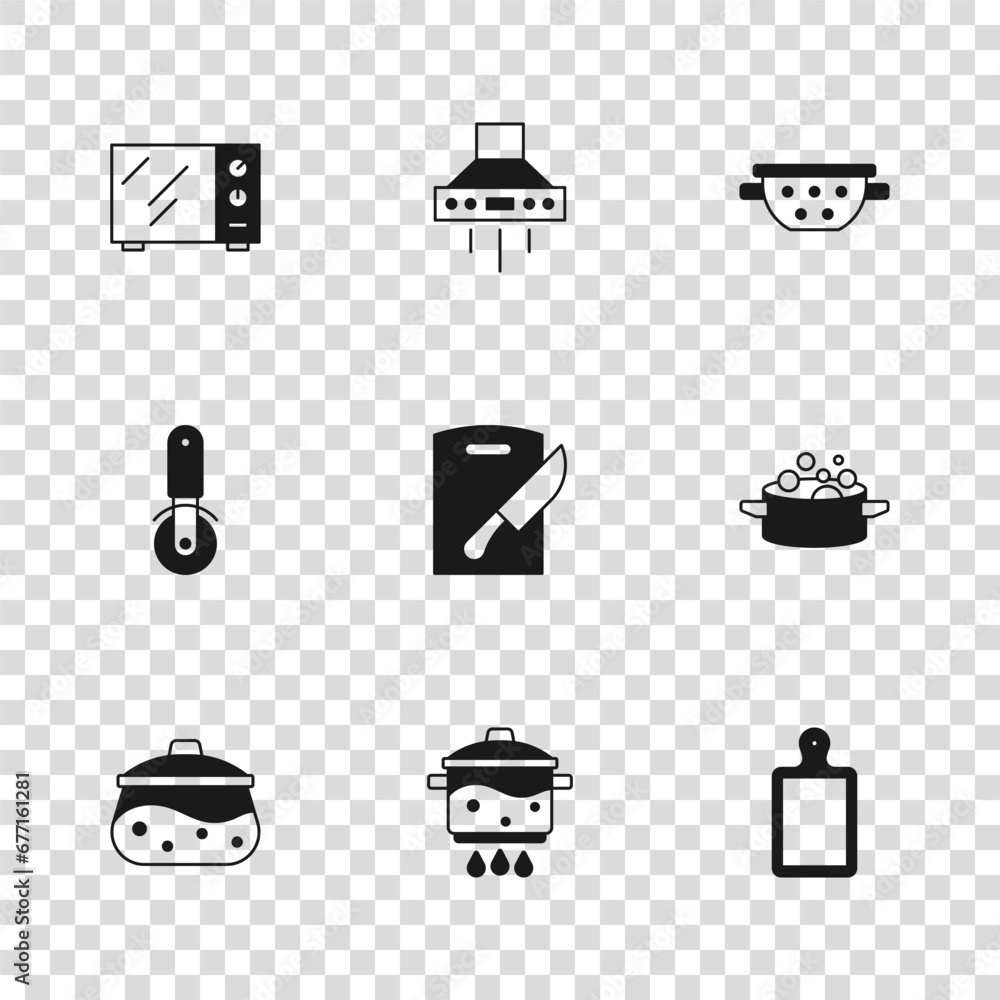 Set Cooking pot on fire, Cutting board, and knife, Kitchen colander, Microwave oven, extractor fan and Pizza icon. Vector Set Cooking pot on fire, Cutting board, and knife, Kitchen colander, Microwave oven, extractor fan and Pizza icon. Vector