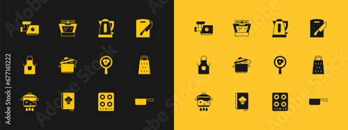 Set Cutting board and knife, Cookbook, Fried eggs on frying pan, Gas stove, Cooking pot, Electric kettle, Kitchen meat grinder and Oven icon. Vector