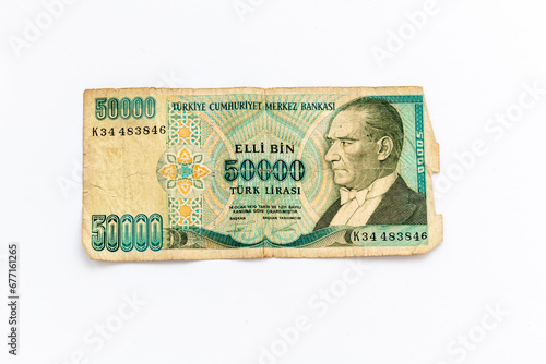 The front of an old Turkish fifty thousand lira bank note. photo