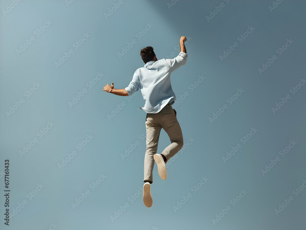 Fototapeta premium Back view photo of jumping happy man minimalism. High-resolution