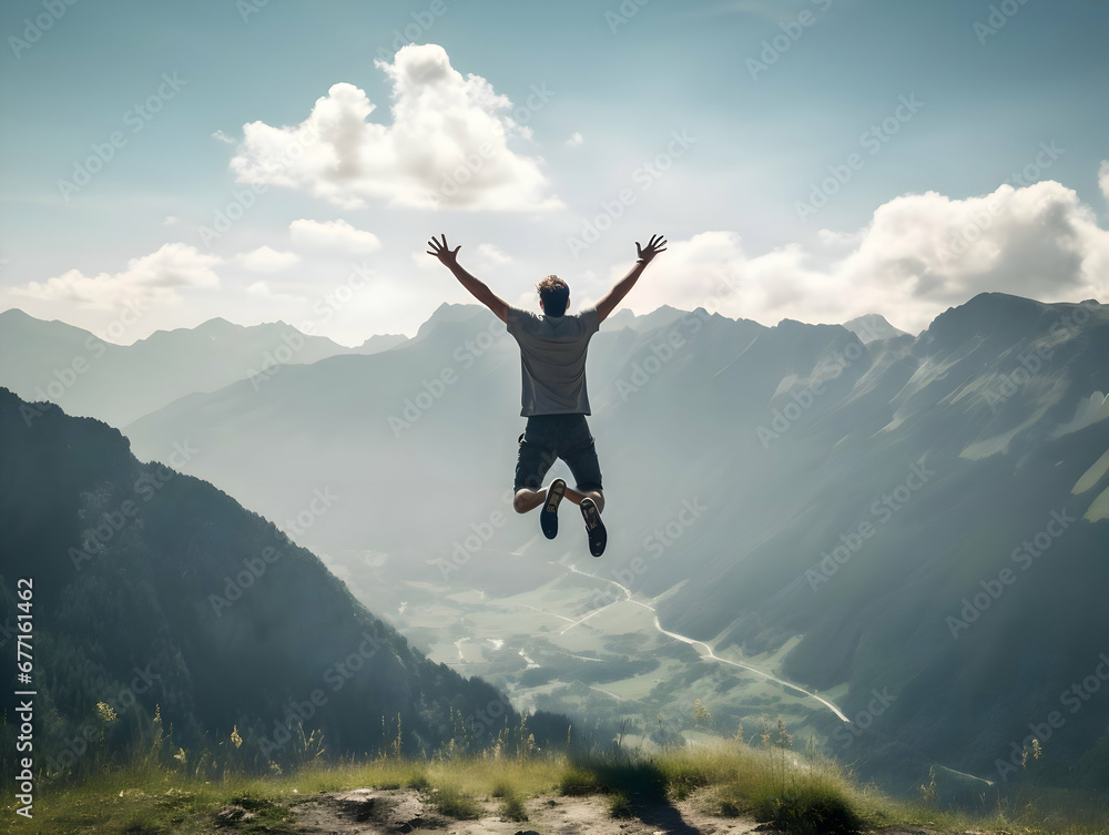 Jumping happy man in mountains background. High-resolution
