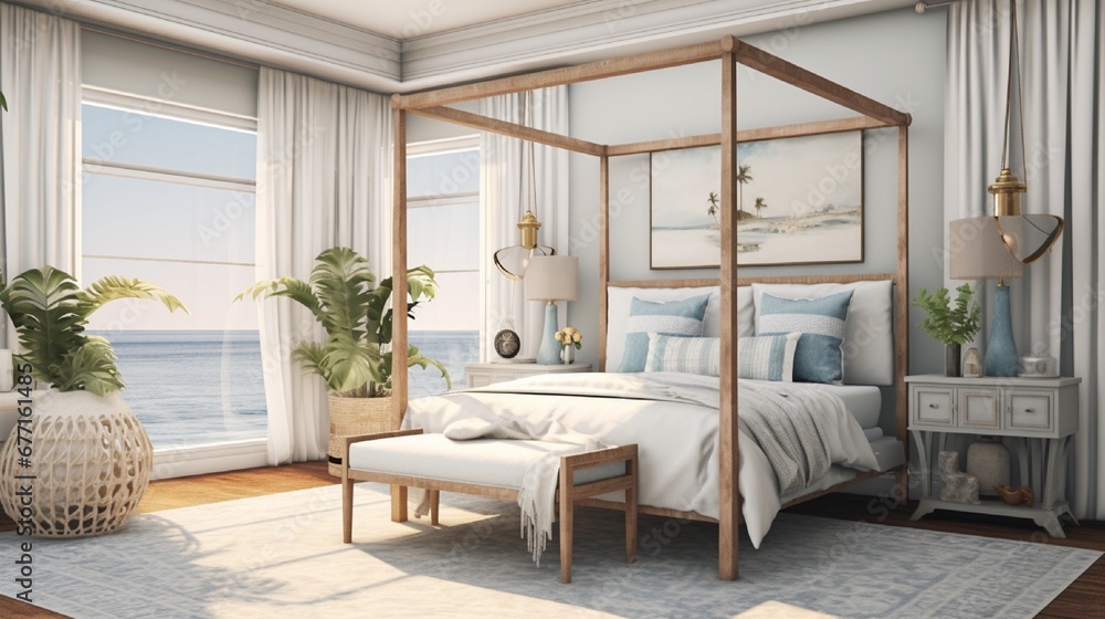 A modern coastal-inspired bedroom with a canopy bed, nautical accents, and soft, calming hues.