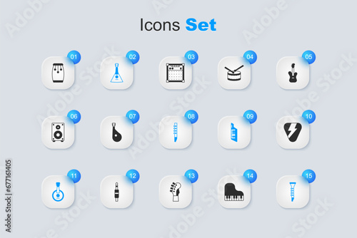 Set Grand piano, Bandura, Balalaika, Banjo, Clarinet, Guitar pick, Conga drums and Flute icon. Vector