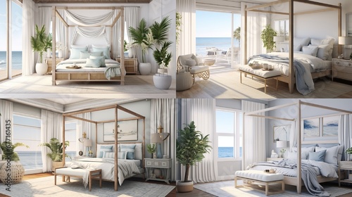 A modern coastal-inspired bedroom with a canopy bed, nautical accents, and soft, calming hues.