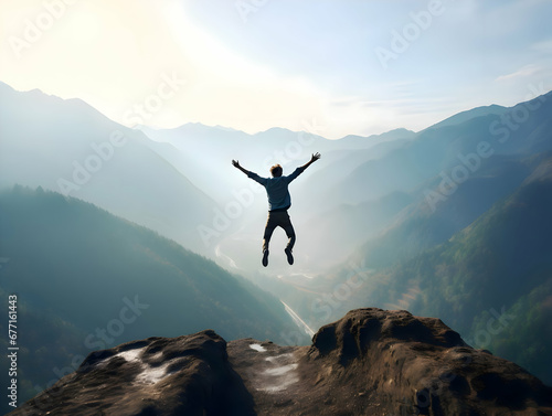 Back view photo of jumping happy man in mountains background. High-resolution