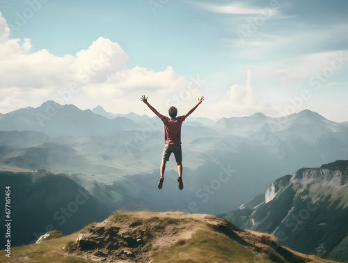 Back view photo of jumping happy man in mountains background. High quality