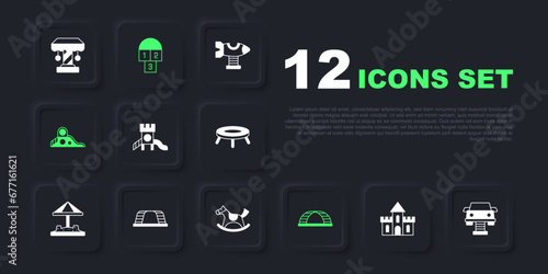 Set Sand castle, Swing car, Slide playground, Monkey bar, Hopscotch and Horse saddle swing icon. Vector