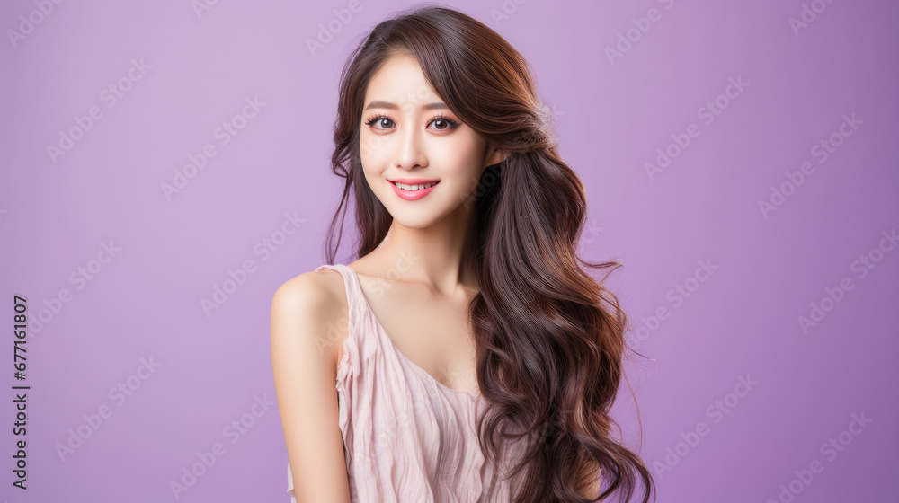 Portrait of vogue fashion smiling Asian girl, solid color background Portrait of vogue fashion smiling Asian girl, solid color background