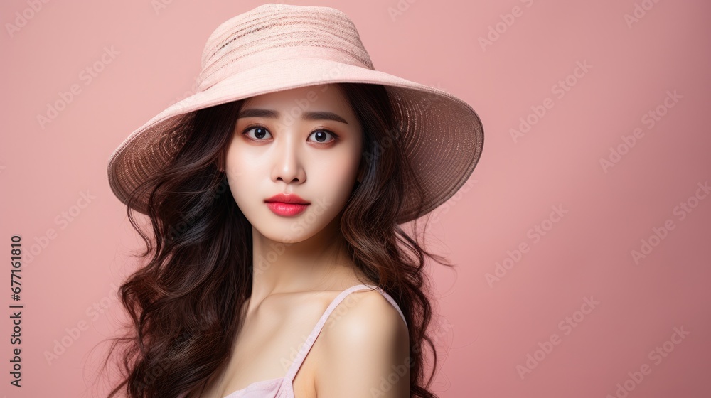Portrait of vogue fashion smiling Asian girl, solid color background Portrait of vogue fashion smiling Asian girl, solid color background