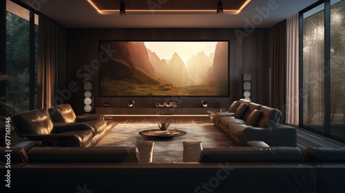 A modern media room with a projector screen, comfortable seating, and integrated surround sound. © SHAPTOS