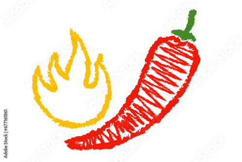 Vector illustration of a spicy chili pepper with flame in hand drawing style.