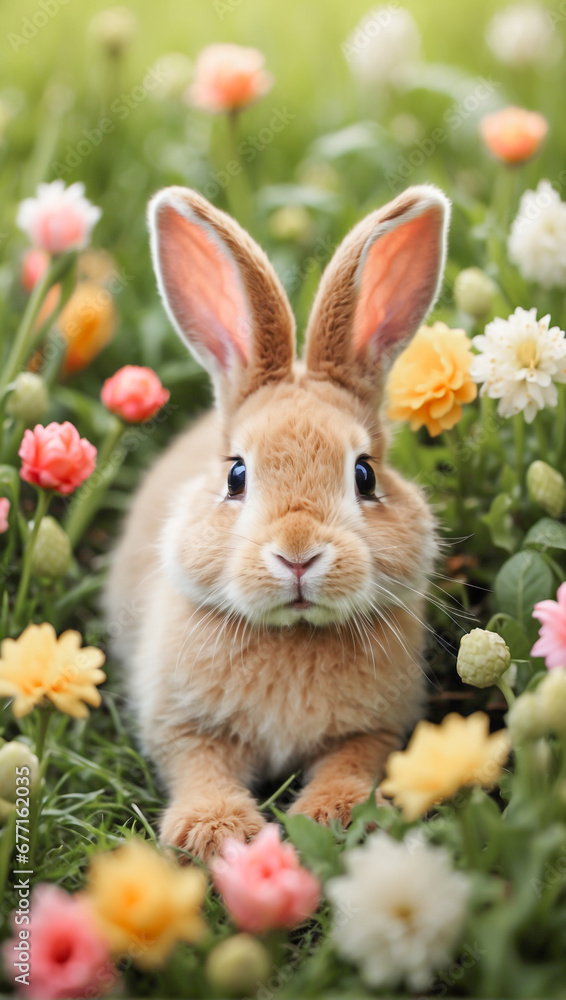 Rabbit running among flowers and grass Rabbit running among flowers and grass