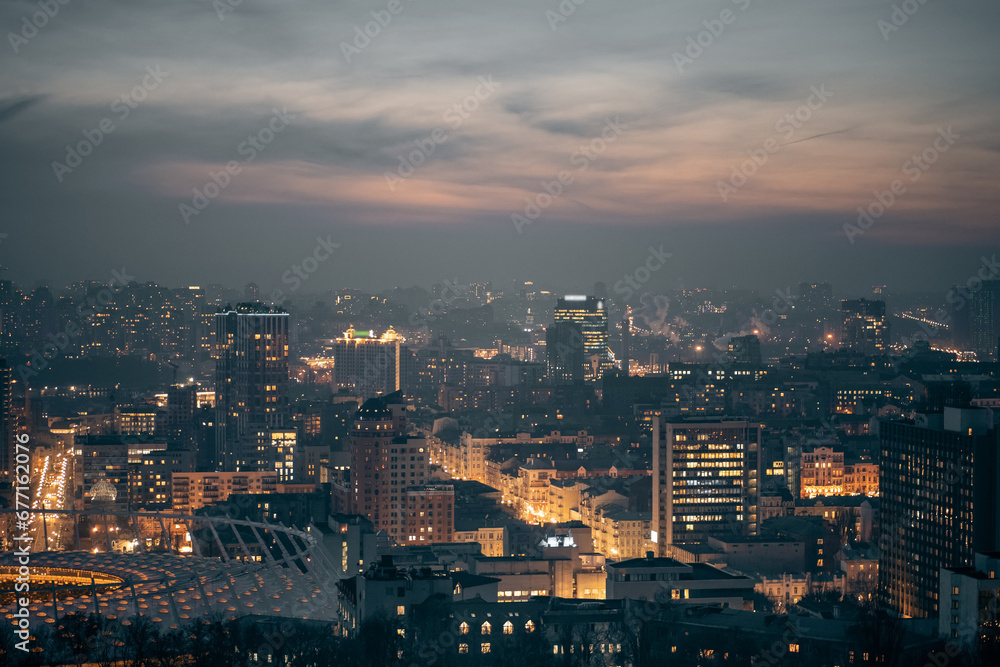 beautiful night city urban view of light illuminated capital Kiev, Kyiv, Ukraine