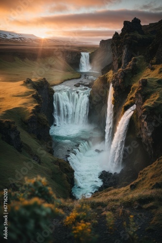 Beautiful waterfall at sunset. Nature  travel  sightseeing concepts