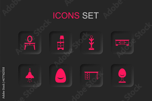 Set Pouf, Furniture nightstand with lamp, Dressing table, Office desk, TV, Armchair, Coat and Lamp hanging icon. Vector