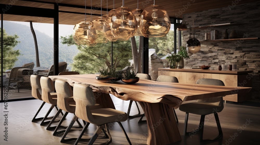 A modern rustic dining area with a live-edge table, pendant lighting, and natural wood finishes.