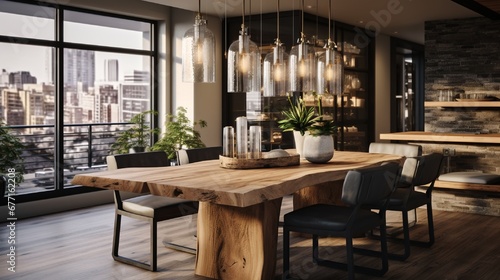 A modern rustic dining area with a live-edge table  pendant lighting  and natural wood finishes.