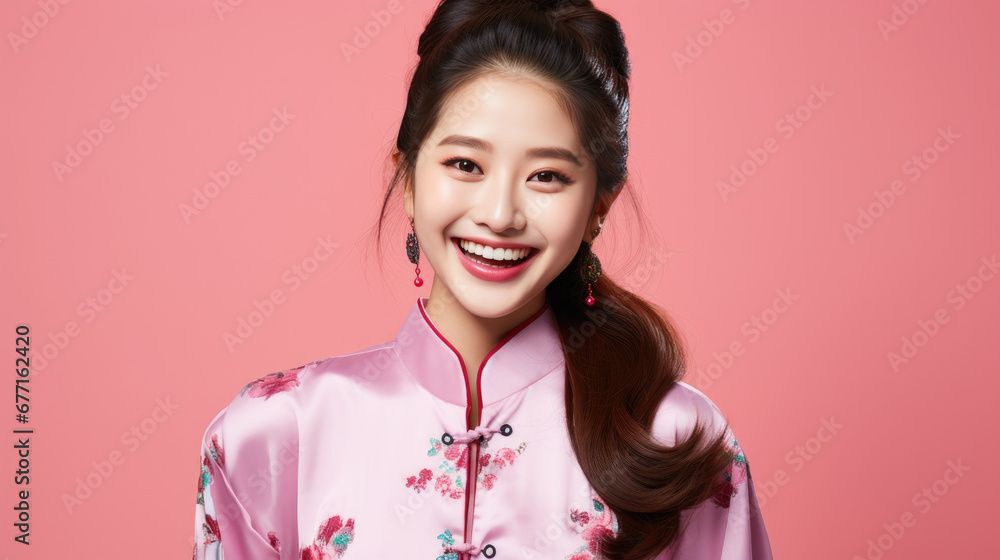 Portrait of smiling vogue Asian girl with Chinese traditional clothing, solid color background Portrait of smiling vogue Asian girl with Chinese traditional clothing, solid color background