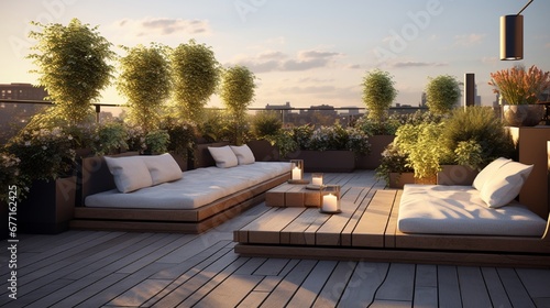 A modern terrace garden with raised planters  lounge seating  and integrated lighting.