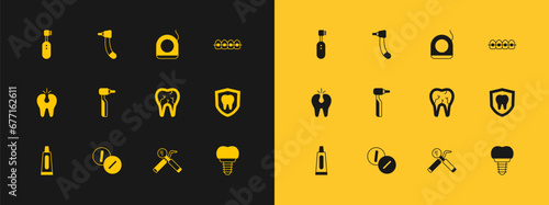 Set Teeth with braces, Toothache painkiller tablet, Broken tooth, Dental mirror and probe, drill, floss, Electric toothbrush and icon. Vector