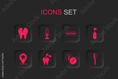 Set Tooth with caries and drill, Syringe, Broken tooth, Toothache painkiller tablet, Electric toothbrush, Toothbrush, Teeth braces and Dental clinic location icon. Vector