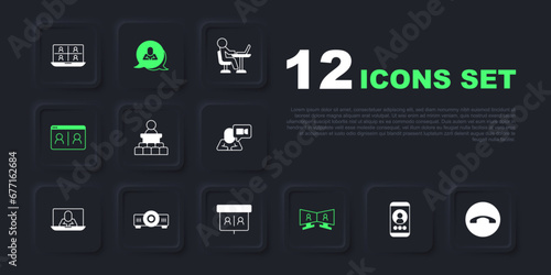 Set Video chat conference, Telephone handset, Speaker, Movie, film, media projector, Speech bubble and icon. Vector