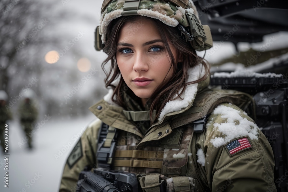 Closeup Portrait of a smiling female soldier on the street in winter Closeup Portrait of a smiling female soldier on the street in winter