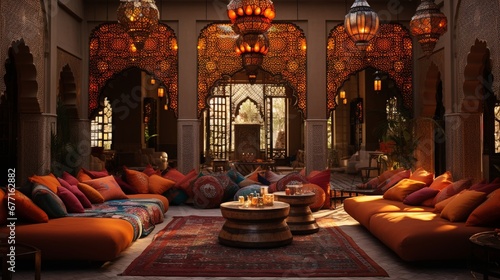 A Moroccan-themed lounge area with mosaic patterns  floor cushions  and ornate light fixtures.