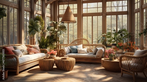 A nature-inspired sunroom filled with potted plants, wicker furniture, and natural sunlight.
