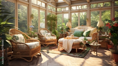 A nature-inspired sunroom filled with potted plants, wicker furniture, and natural sunlight.