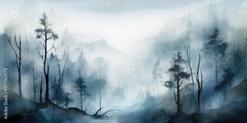 Foggy nature landscape, Watercolor. Misty morning in autumn forest. Mountains and Forest Trees in fog, panoramic view