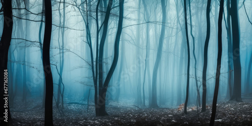 Misty forest in the morning. Forest Trees in fog. Mystic Forest. Foggy Nature Landscape, panoramic view
