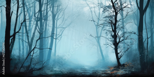 Foggy Nature Landscape, panoramic view. Misty forest in the morning. Forest Trees in fog. Mystic Forest. Foggy Nature Landscape, panoramic view