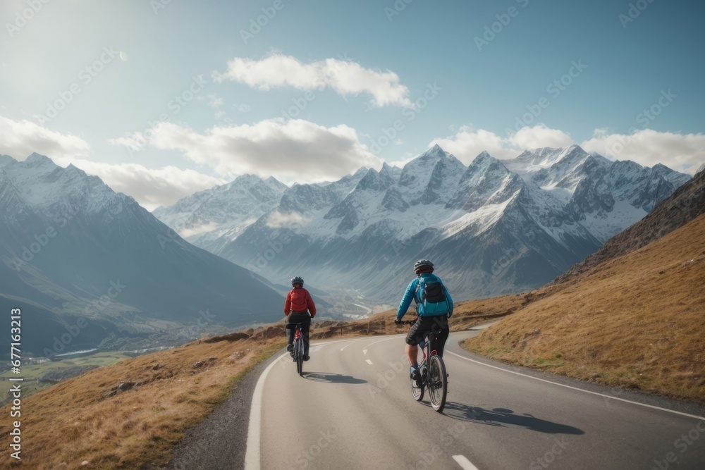 Two cyclists on bicycles ride on the asphalt road in the middle of high mountains covered with white snow. Nature, travel, outdoor activities, winter, sports concepts