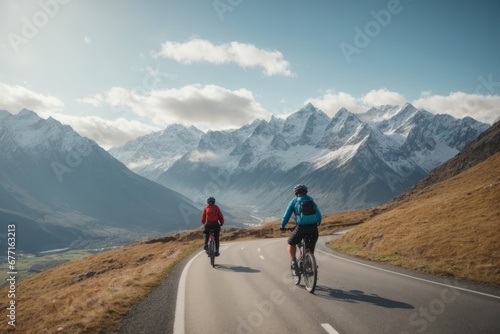 Two cyclists on bicycles ride on the asphalt road in the middle of high mountains covered with white snow. Nature, travel, outdoor activities, winter, sports concepts