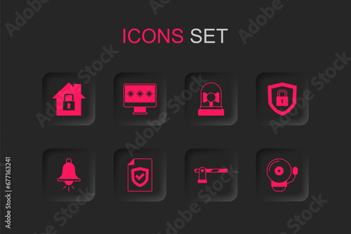 Set Contract with shield, Monitor password, House under protection, Parking car barrier, Shield security lock, Ringing alarm bell, and icon. Vector