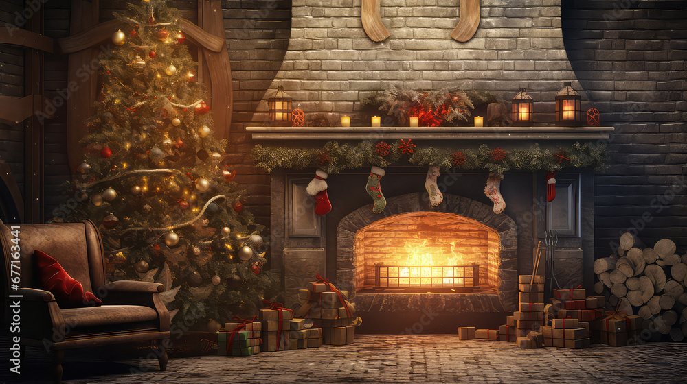 christmas tree with fireplace and gifts