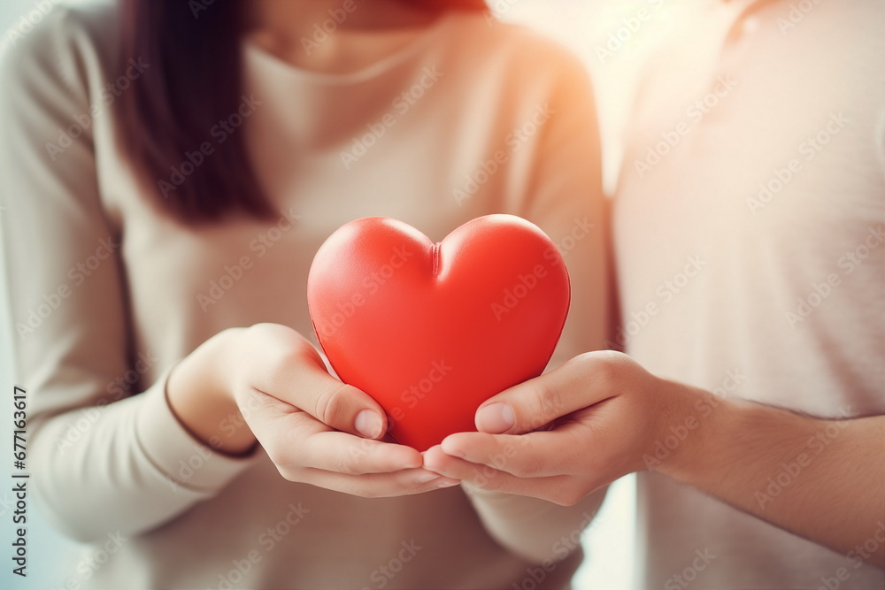 young couple hands hold red heart, valentines day concept young couple hands hold red heart, valentines day concept