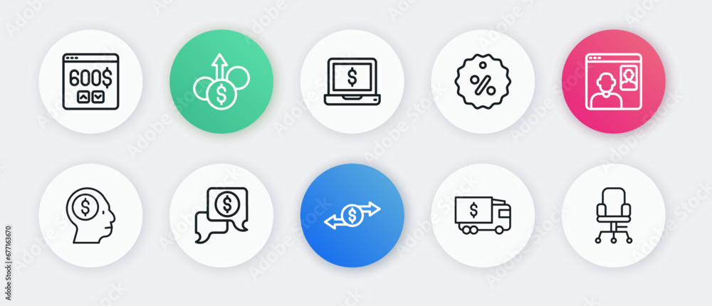 Set line Money exchange, Video chat conference, Business man planning mind, Armored truck, Discount percent tag, Laptop with dollar, Office chair and negotiations icon. Vector Set line Money exchange, Video chat conference, Business man planning mind, Armored truck, Discount percent tag, Laptop with dollar, Office chair and negotiations icon. Vector