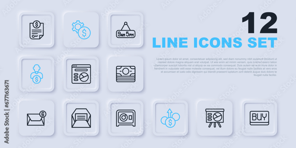 Set line Board with graph, Buy button, Pie chart infographic, Financial growth dollar, Business investor, Envelope, Gear symbol and Safe icon. Vector Set line Board with graph, Buy button, Pie chart infographic, Financial growth dollar, Business investor, Envelope, Gear symbol and Safe icon. Vector