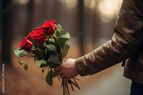 man hand give rose bouquet to woman #677163618