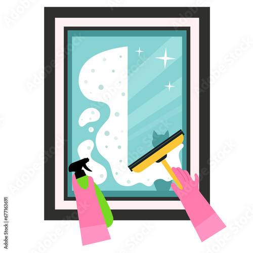 Process of washing window with a brush and spray gun.  Window cleaning cute cartoon vector illustration. Washing window with cleaning tools. Pink gloves wash window with cat reflection