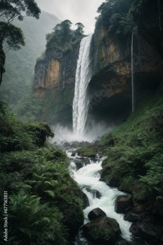 Beautiful clear mountain waterfall in the jungle